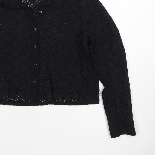 Comma Women Black UK 12 Cropped Lace Collared Button-Up Blouse