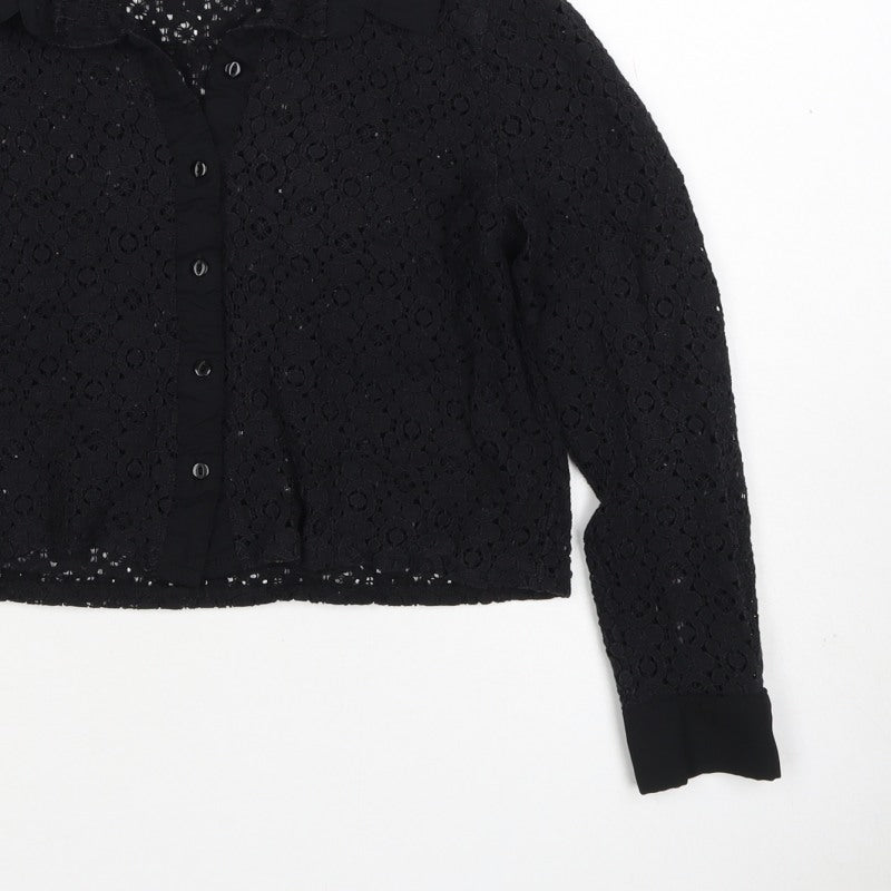 Comma Women Black UK 12 Cropped Lace Collared Button-Up Blouse