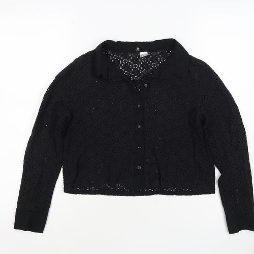 Comma Women Black UK 12 Cropped Lace Collared Button-Up Blouse