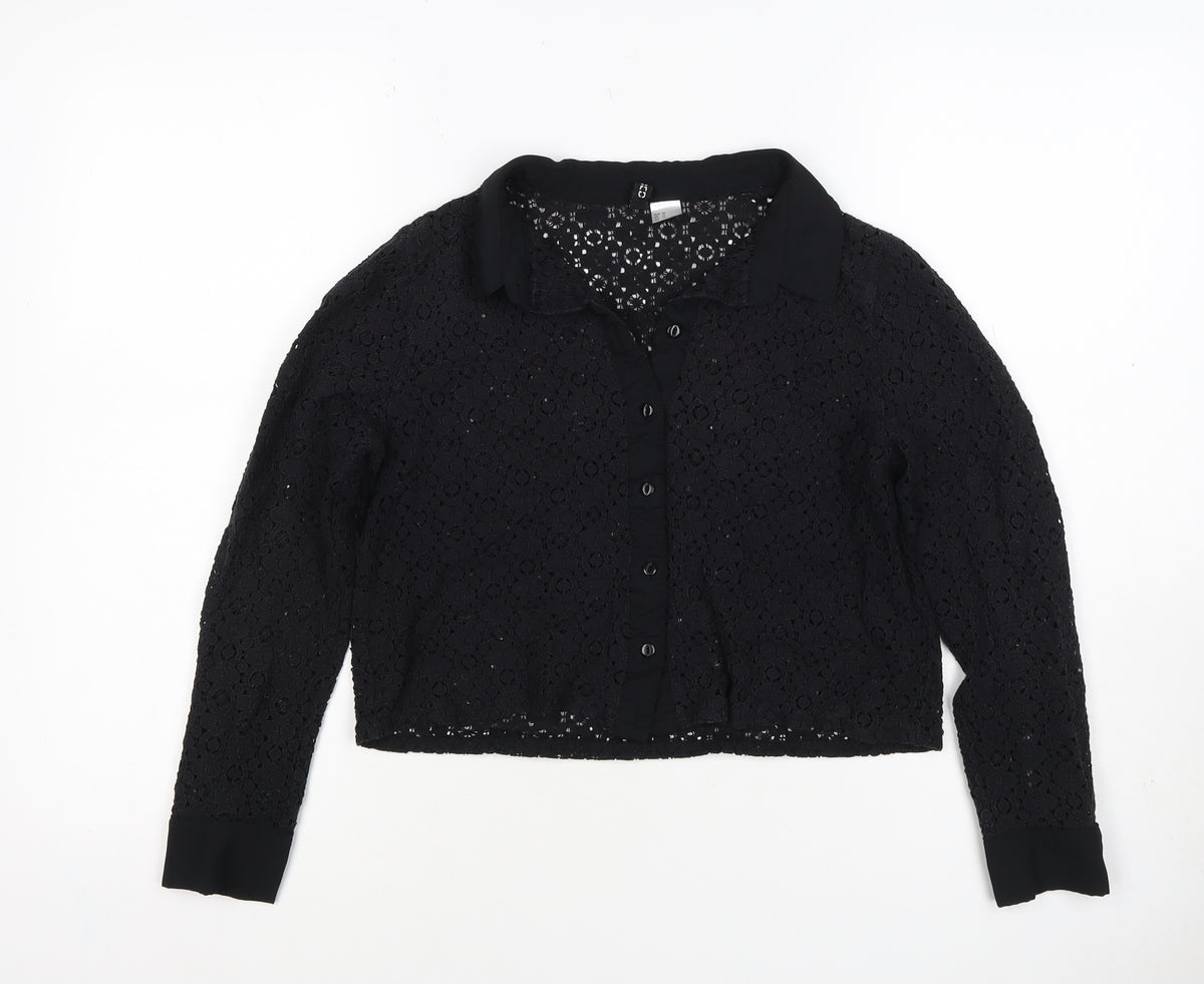 Comma Women Black UK 12 Cropped Lace Collared Button-Up Blouse