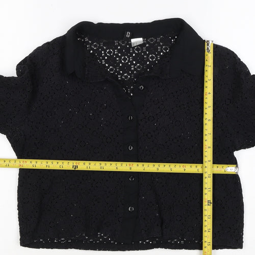 Comma Women Black UK 12 Cropped Lace Collared Button-Up Blouse