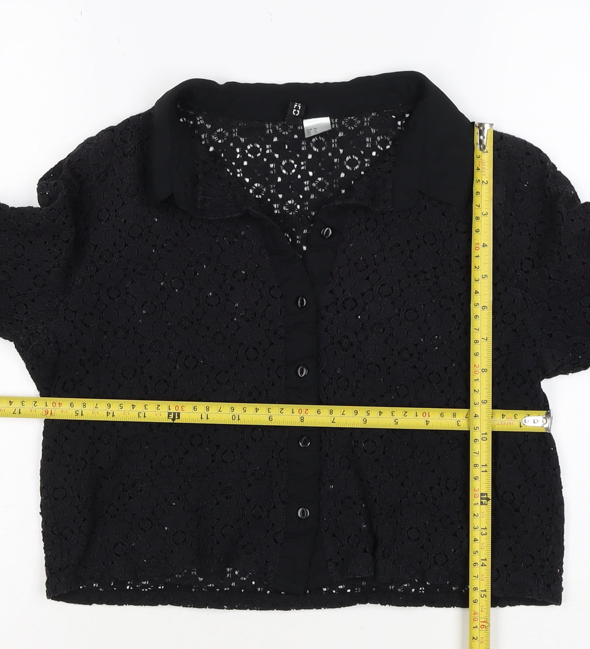 Comma Women Black UK 12 Cropped Lace Collared Button-Up Blouse