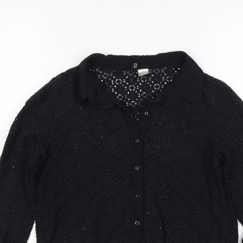 Comma Women Black UK 12 Cropped Lace Collared Button-Up Blouse