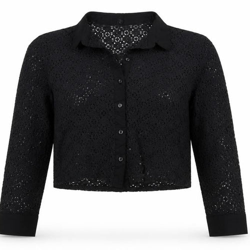 Comma Women Black UK 12 Cropped Lace Collared Button-Up Blouse