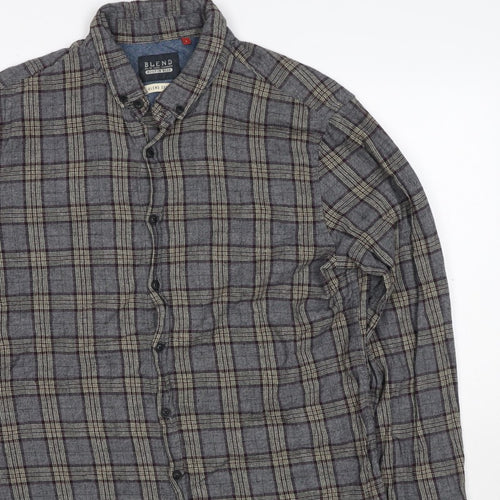 Blend Denim Men’s Grey Plaid Cotton Flannel Button-Down Shirt Size L
