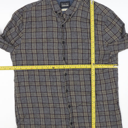 Blend Denim Men’s Grey Plaid Cotton Flannel Button-Down Shirt Size L