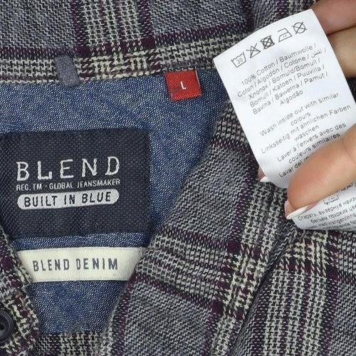 Blend Denim Men’s Grey Plaid Cotton Flannel Button-Down Shirt Size L