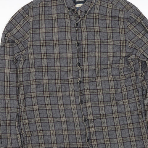 Blend Denim Men’s Grey Plaid Cotton Flannel Button-Down Shirt Size L
