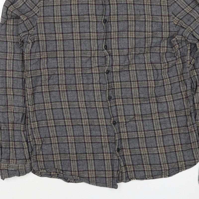 Blend Denim Men’s Grey Plaid Cotton Flannel Button-Down Shirt Size L