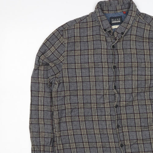 Blend Denim Men’s Grey Plaid Cotton Flannel Button-Down Shirt Size L