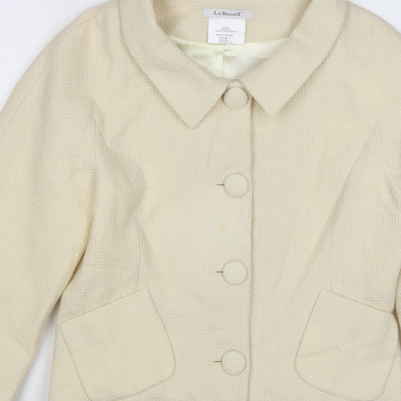 L.K. Bennett Women Ivory UK 10 Wool Blazer Short 4 Button Lined