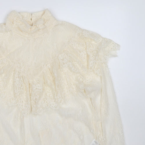 Marks & Spencer Women Ivory UK 10 Ruffle Lace High Neck Long Sleeve Blouse