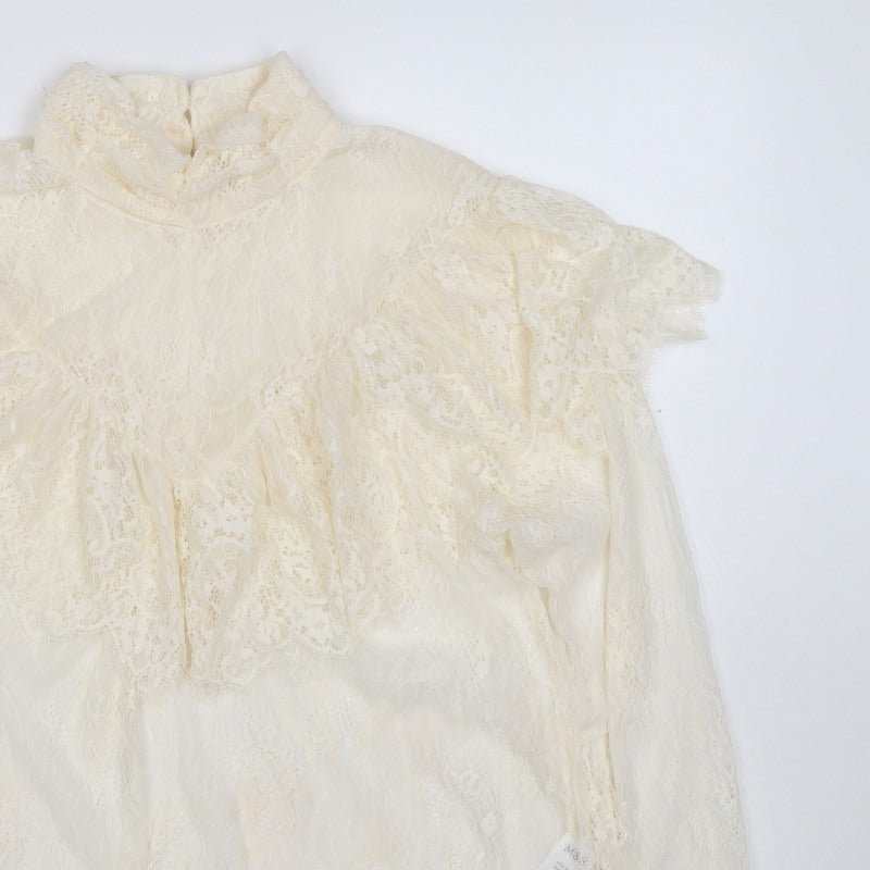 Marks & Spencer Women Ivory UK 10 Ruffle Lace High Neck Long Sleeve Blouse