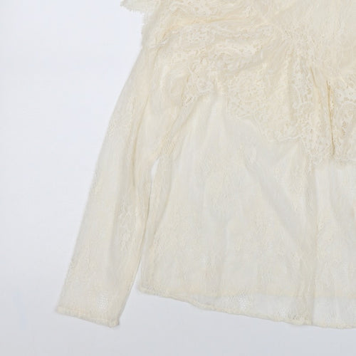 Marks & Spencer Women Ivory UK 10 Ruffle Lace High Neck Long Sleeve Blouse