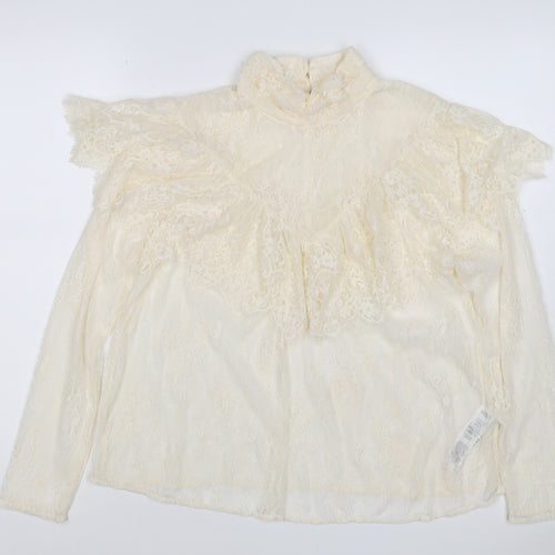 Marks & Spencer Women Ivory UK 10 Ruffle Lace High Neck Long Sleeve Blouse