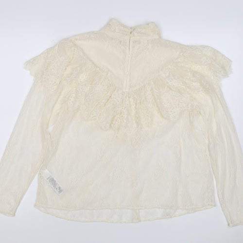 Marks & Spencer Women Ivory UK 10 Ruffle Lace High Neck Long Sleeve Blouse