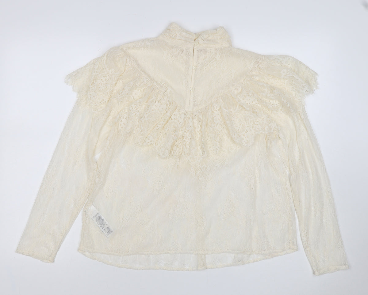 Marks & Spencer Women Ivory UK 10 Ruffle Lace High Neck Long Sleeve Blouse