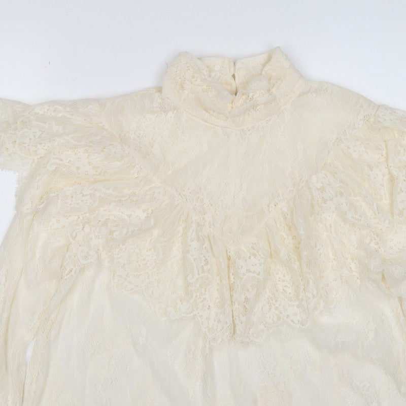 Marks & Spencer Women Ivory UK 10 Ruffle Lace High Neck Long Sleeve Blouse