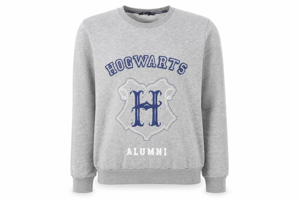 Front view of Harry Potter women’s grey m hogwarts alumni fleece pullover sweatshirt