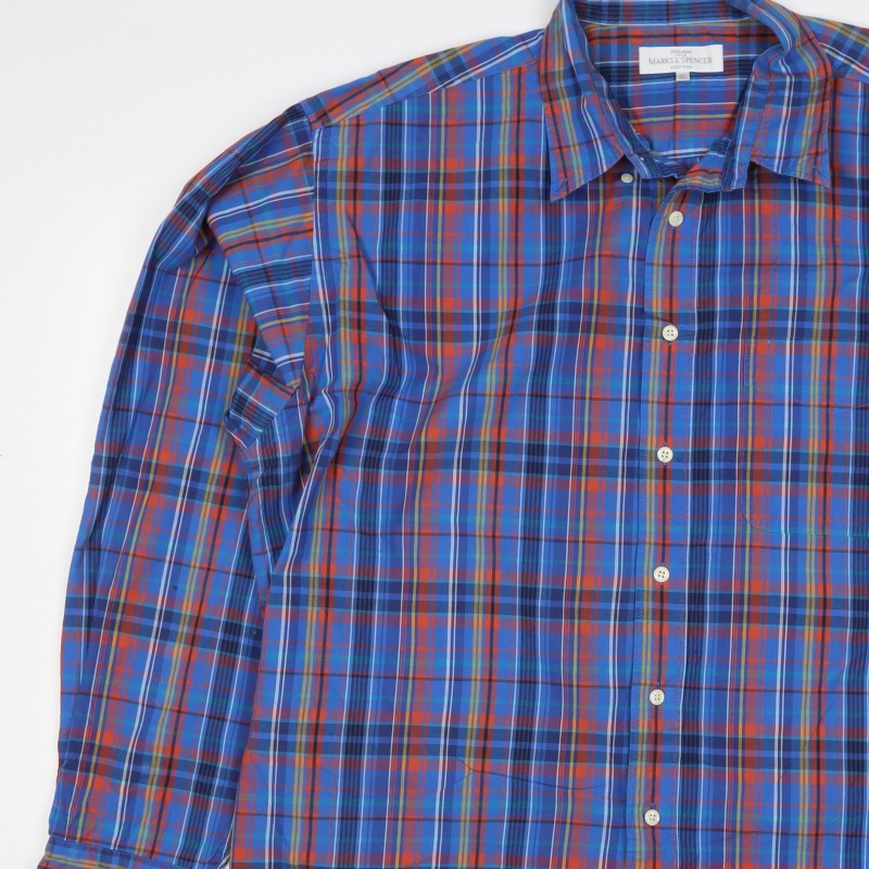 Marks and Spencer Men's Blue XL Classic Plaid Cotton Long Sleeve Shirt