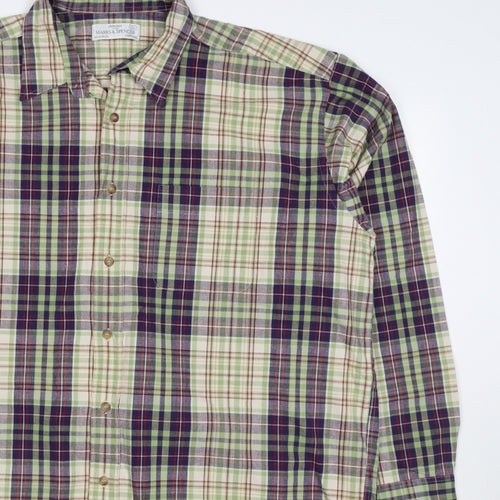 Marks & Spencer Men Green Plaid Cotton XL Long Sleeve Button-Up Shirt