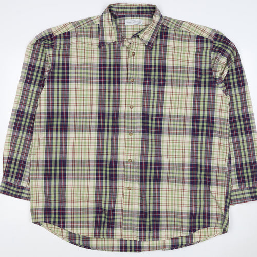 Marks & Spencer Men Green Plaid Cotton XL Long Sleeve Button-Up Shirt