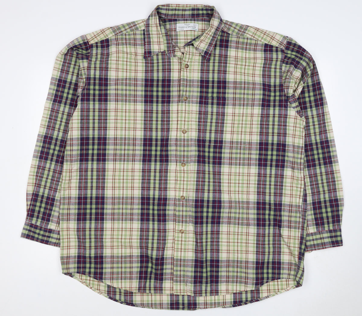Marks & Spencer Men Green Plaid Cotton XL Long Sleeve Button-Up Shirt