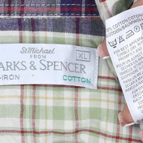 Marks & Spencer Men Green Plaid Cotton XL Long Sleeve Button-Up Shirt