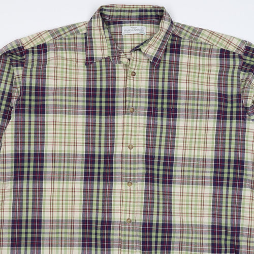 Marks & Spencer Men Green Plaid Cotton XL Long Sleeve Button-Up Shirt