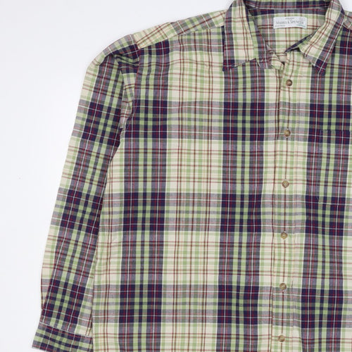 Marks & Spencer Men Green Plaid Cotton XL Long Sleeve Button-Up Shirt