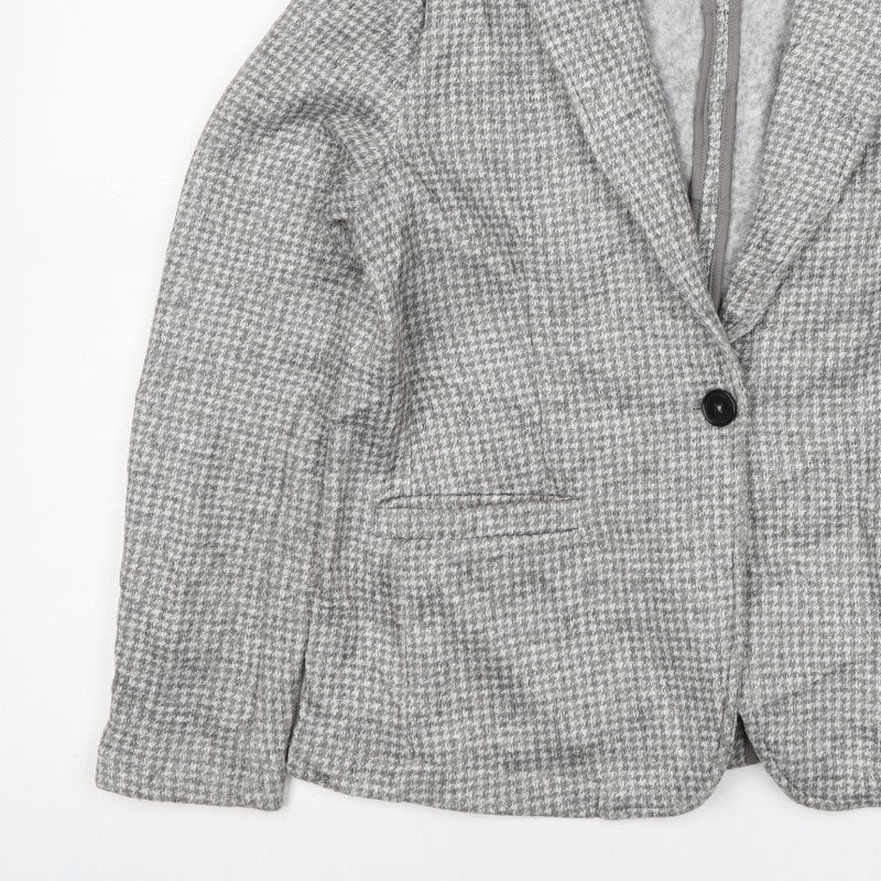 Lands' End Women Grey Houndstooth UK L One Button Blazer Jacket