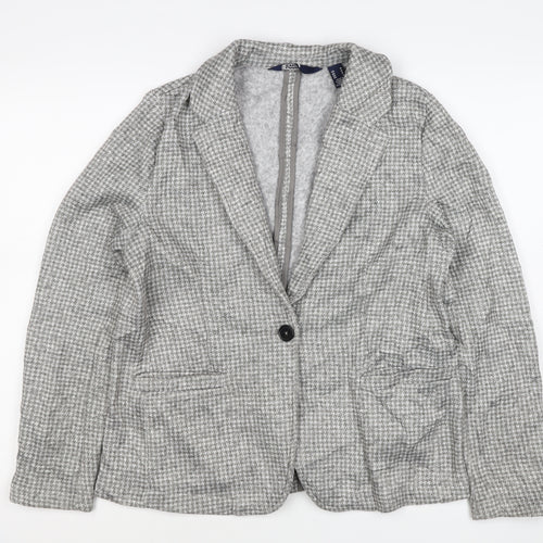 Lands' End Women Grey Houndstooth UK L One Button Blazer Jacket