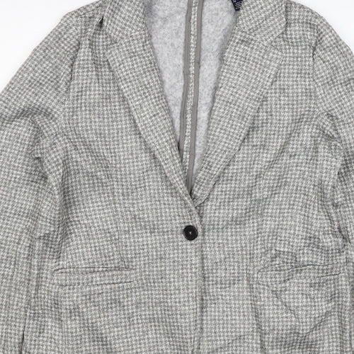 Lands' End Women Grey Houndstooth UK L One Button Blazer Jacket