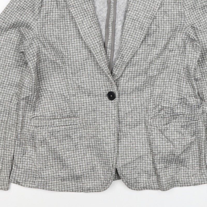 Lands' End Women Grey Houndstooth UK L One Button Blazer Jacket