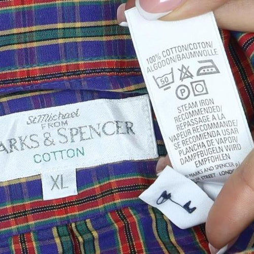 Marks & Spencer Men Multicoloured XL Plaid Cotton Button-Down Shirt