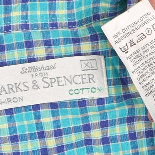 Marks and Spencer Men’s Blue Check XL Non-Iron Short Sleeve Shirt