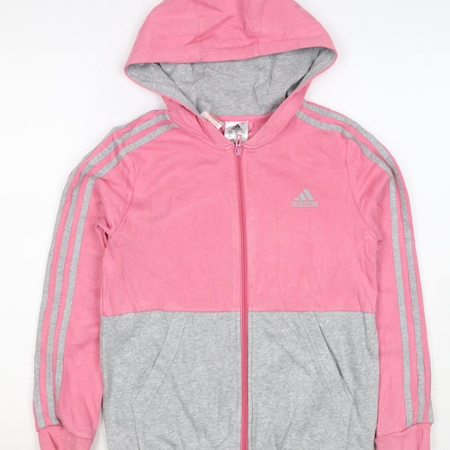 adidas Girls Pink Grey 11-12 Years Full Zip Colourblock Hoodie