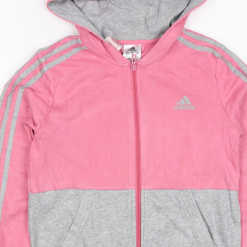 adidas Girls Pink Grey 11-12 Years Full Zip Colourblock Hoodie
