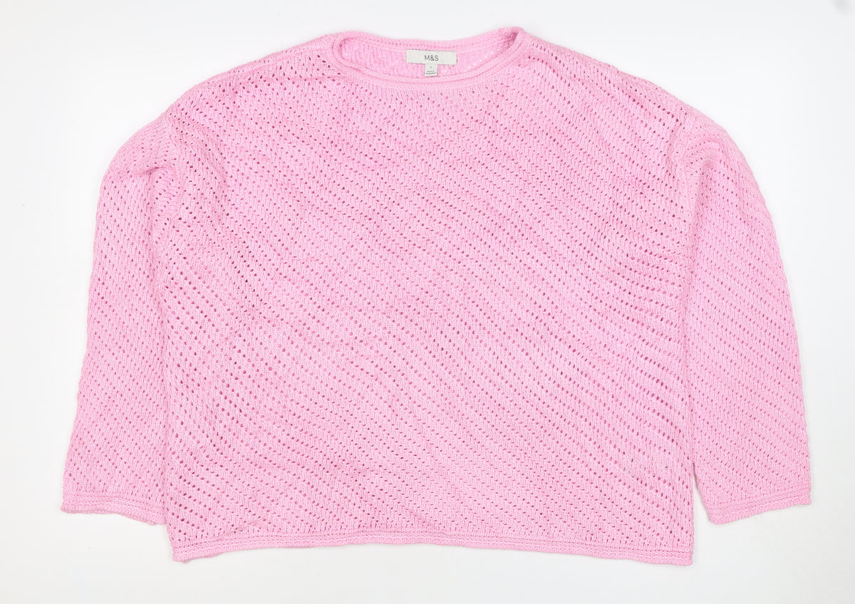 Back view of Marks and Spencer Women Pink L Open Knit Crew Neck Jumper