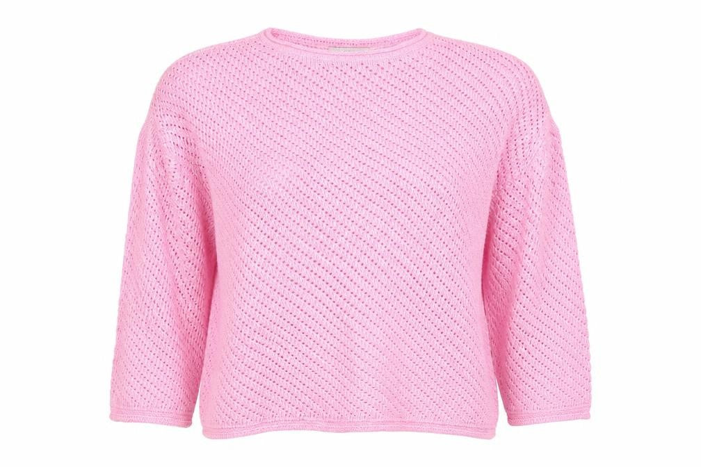 Front view of Marks and Spencer Women Pink L Open Knit Crew Neck Jumper