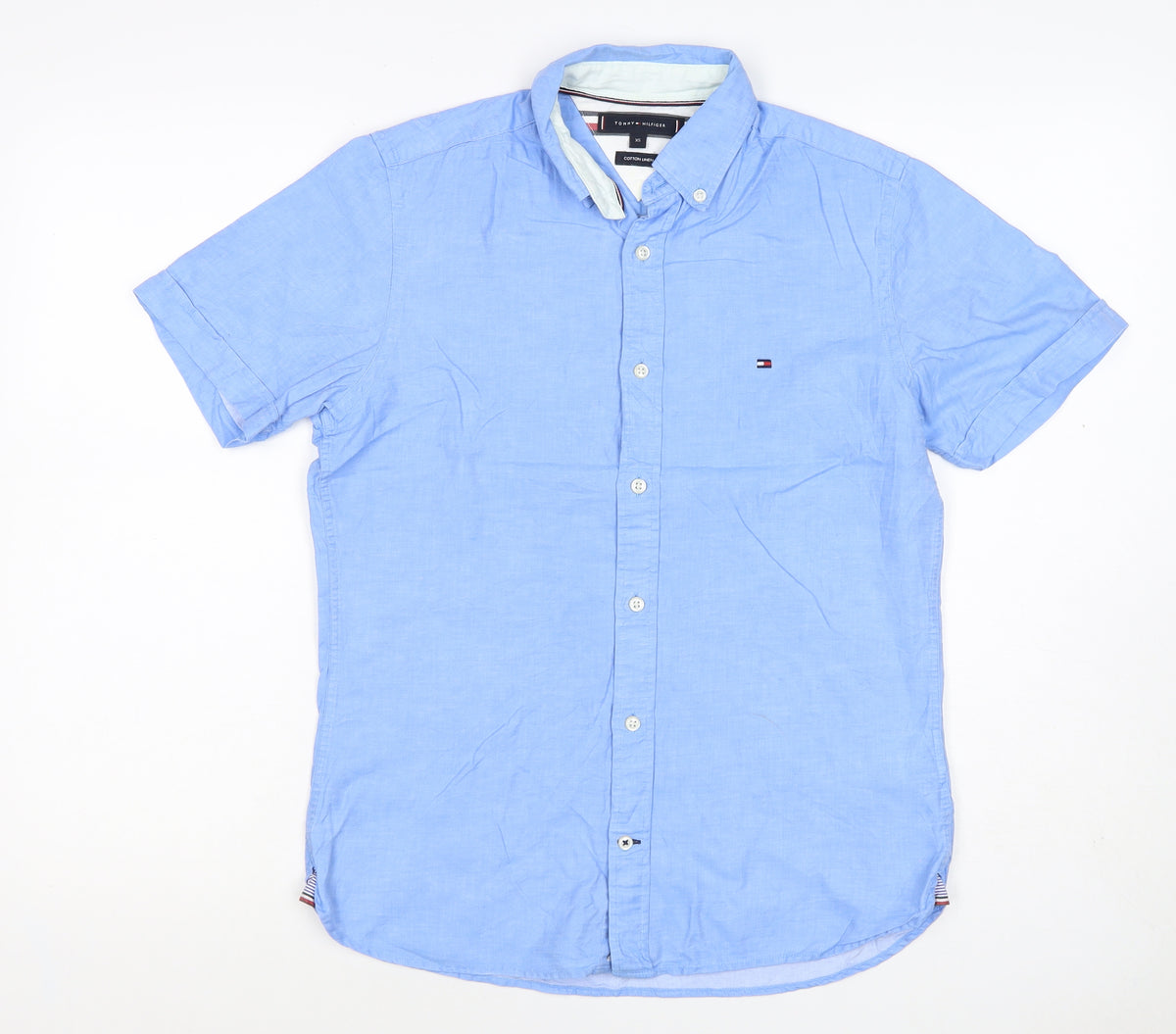 Tommy Hilfiger Men's Blue XS Cotton Linen Short Sleeve Button-Up Shirt