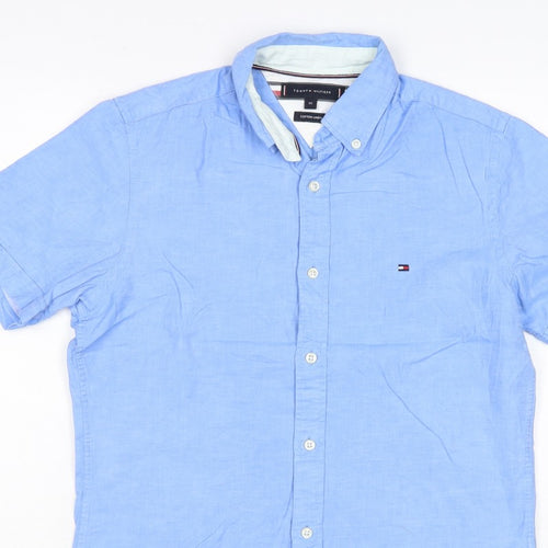 Tommy Hilfiger Men's Blue XS Cotton Linen Short Sleeve Button-Up Shirt