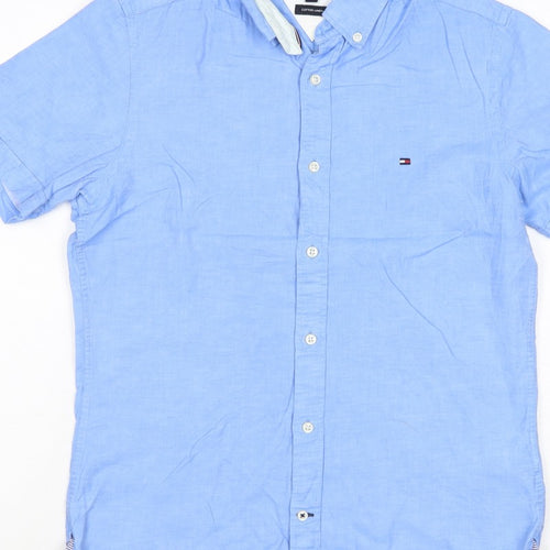 Tommy Hilfiger Men's Blue XS Cotton Linen Short Sleeve Button-Up Shirt