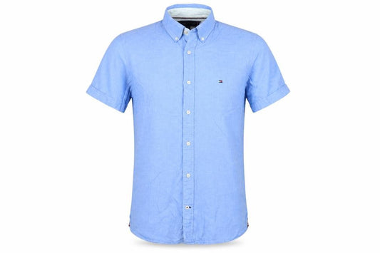 Front view of Tommy Hilfiger Men's Blue XS Cotton Linen Short Sleeve Button-Up Shirt