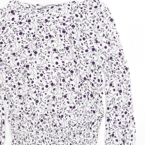 M&S Women White Purple Floral Cropped Viscose Blouse Size 10