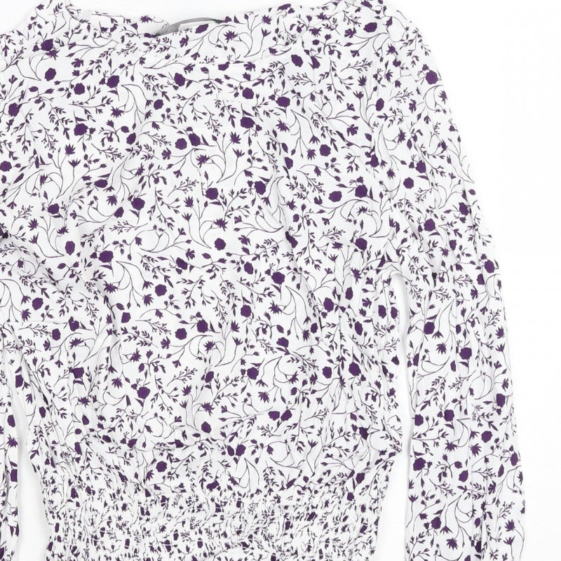 M&S Women White Purple Floral Cropped Viscose Blouse Size 10