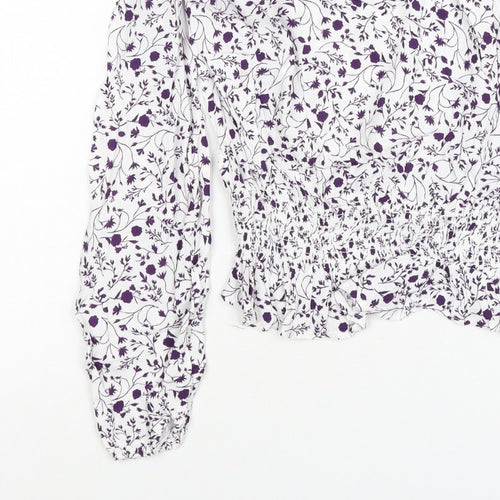 M&S Women White Purple Floral Cropped Viscose Blouse Size 10