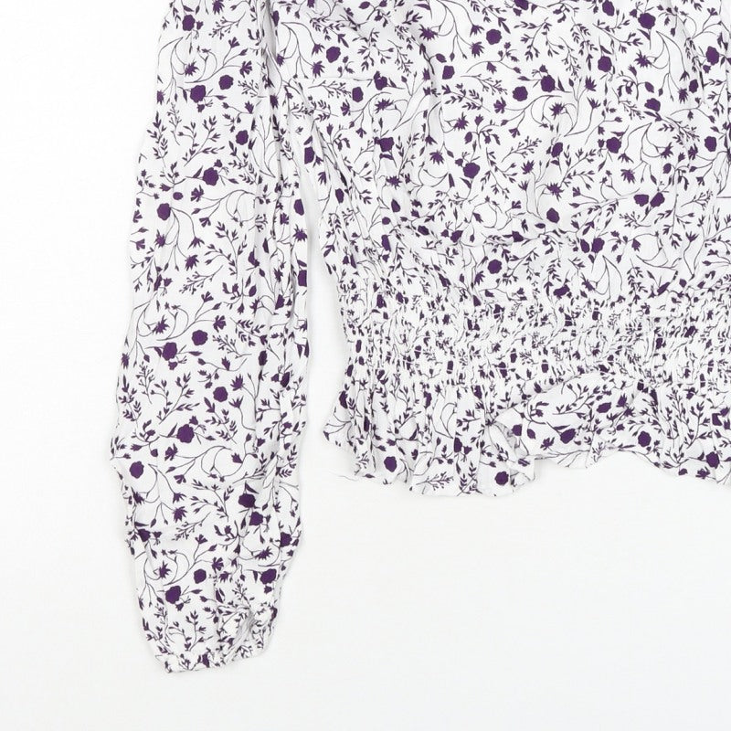 M&S Women White Purple Floral Cropped Viscose Blouse Size 10