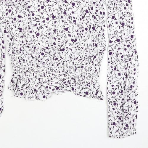 M&S Women White Purple Floral Cropped Viscose Blouse Size 10