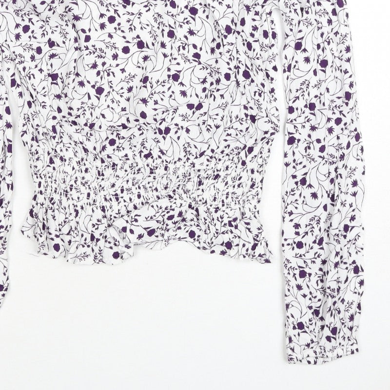 M&S Women White Purple Floral Cropped Viscose Blouse Size 10